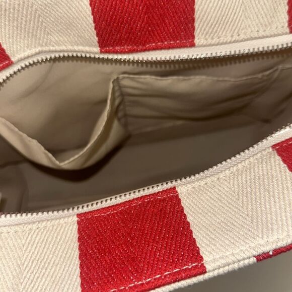 RAE DUNN Large Rare Retro Red Ivory Stripe Woven Canvas Bonjour Shopper Tote - Picture 11 of 15
